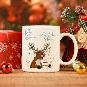 Oh Deer Another Year Funny Coffee Mug – Christmas meme ceramic mug with deer graphic and humorous quote by Memez.Store