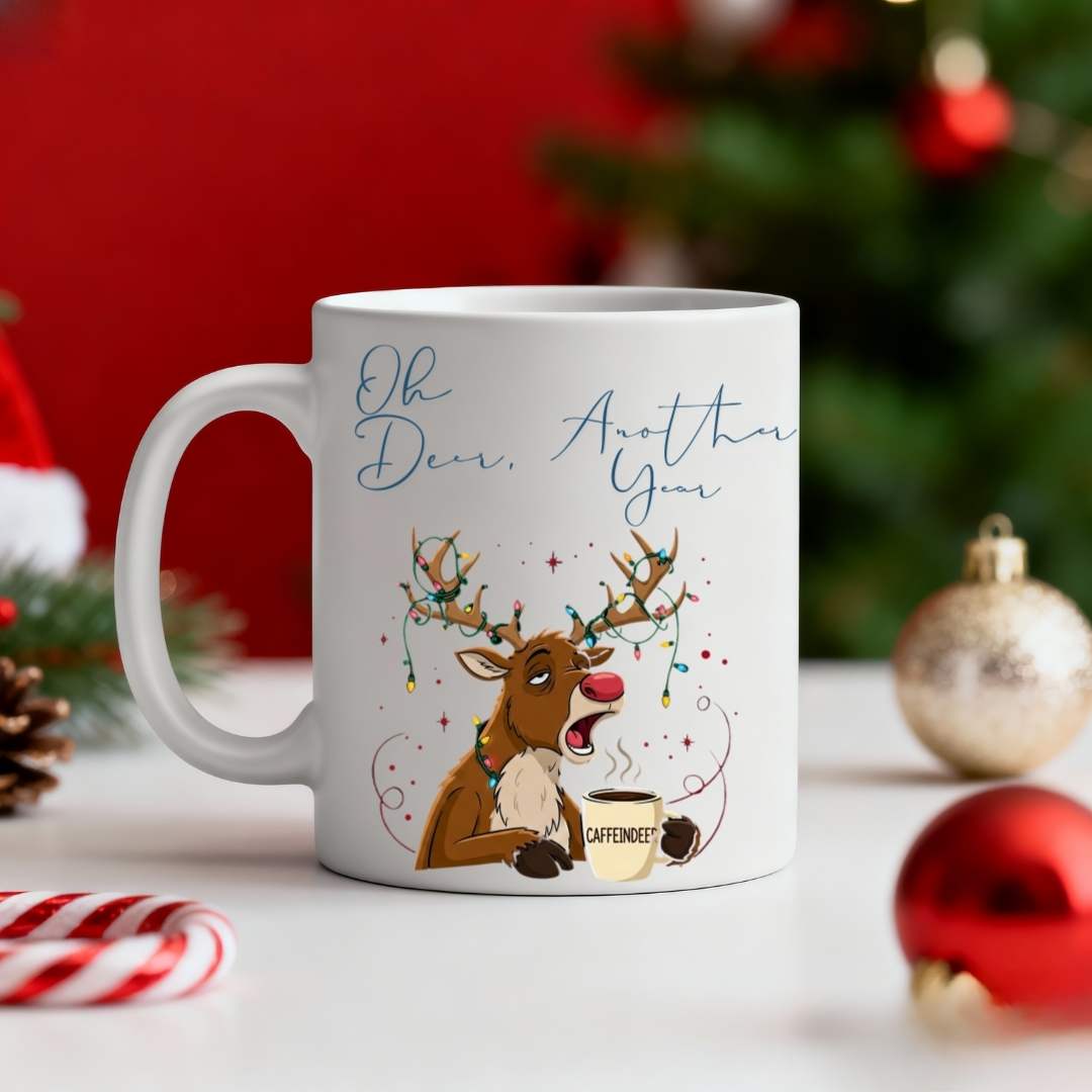 Oh Deer Another Year Funny Coffee Mug – Christmas meme ceramic mug with deer graphic and humorous quote by Memez.Store