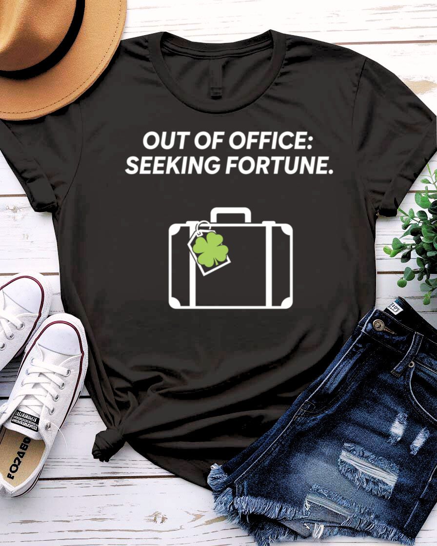Out of Office Seeking Fortune St. Patrick's Day Tee with shamrock laptop on model
