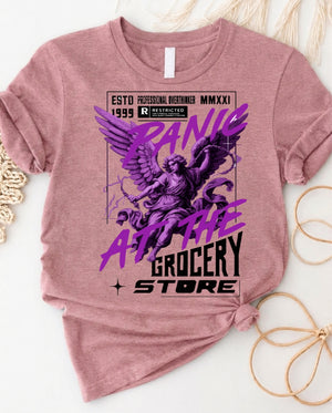 Panic attack purple angel streetwear graphic t-shirt with haunting winged design