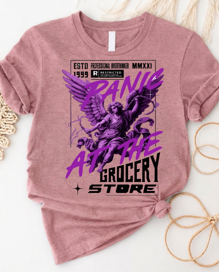 Panic attack purple angel streetwear graphic t-shirt with haunting winged design