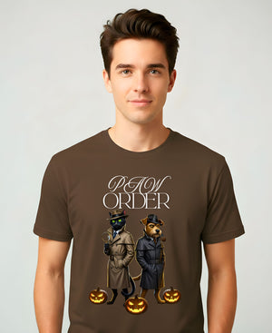 “Paw Order Halloween Meme Funny Tee – funny Halloween pet meme t-shirt featuring cat judge and ghostly paw design”