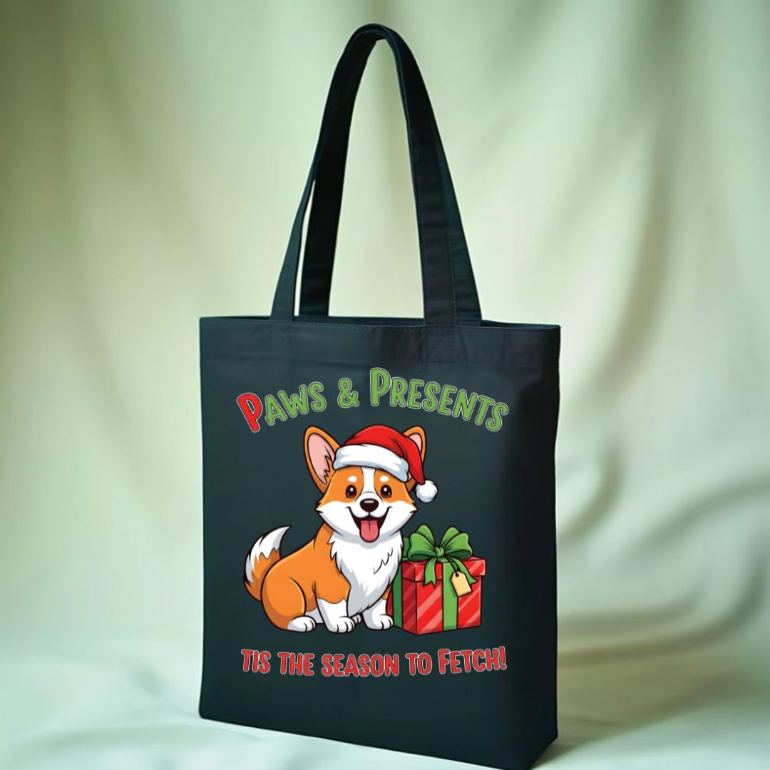Paws &amp; Presents Tote Bag with a cute dog and cat beside Christmas gifts