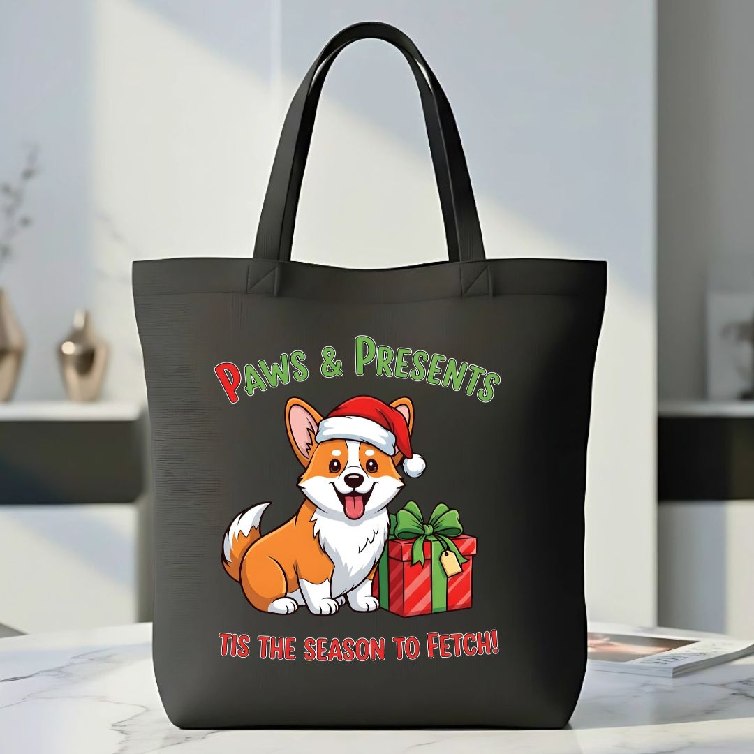 Paws &amp; Presents Tote Bag with a cute dog and cat beside Christmas gifts