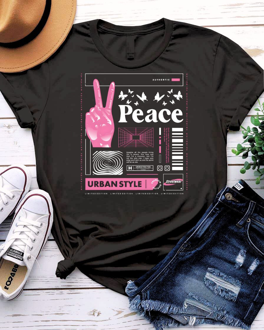 Peace urban graphic tee with deconstructed peace symbol on model