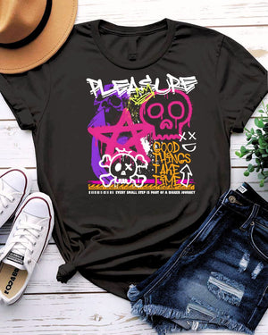 Pleasure Streetwear Tee with serpent coiled around ripe fruit on model