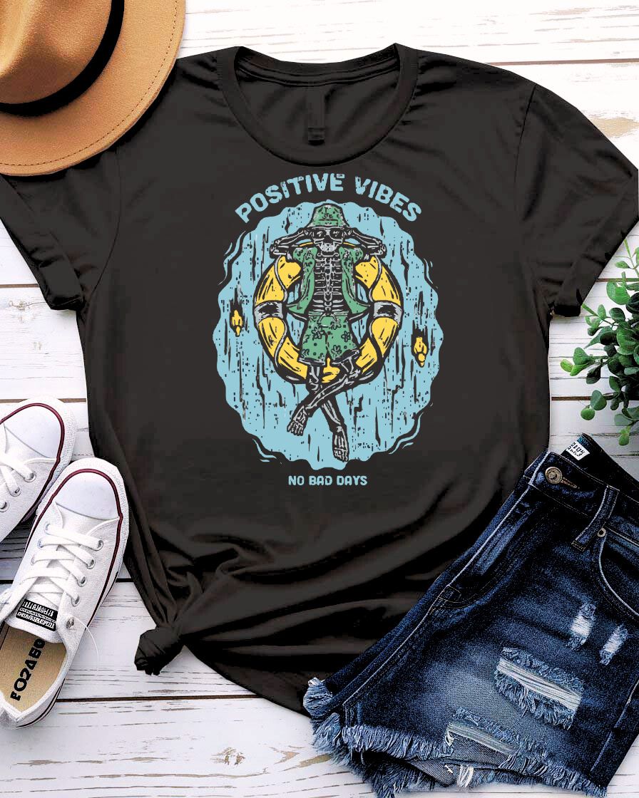 Positive Vibes streetwear tee with minimalist sunburst graphic on model