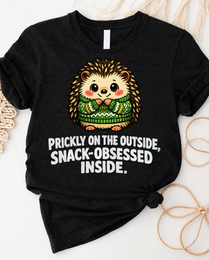 Prickly outside snack obsessed inside hedgehog t-shirt with cute hedgehog and food graphic