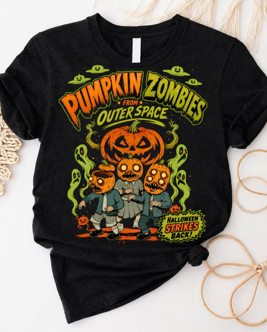 Pumpkin zombies outer space halloween t-shirt with retro horror graphic