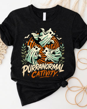 Purranormal cativity halloween ghost cats t-shirt with cute cat in ghost costume