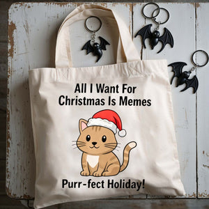 Purrfect Holiday Tote Bag with festive cats and holiday pun design
