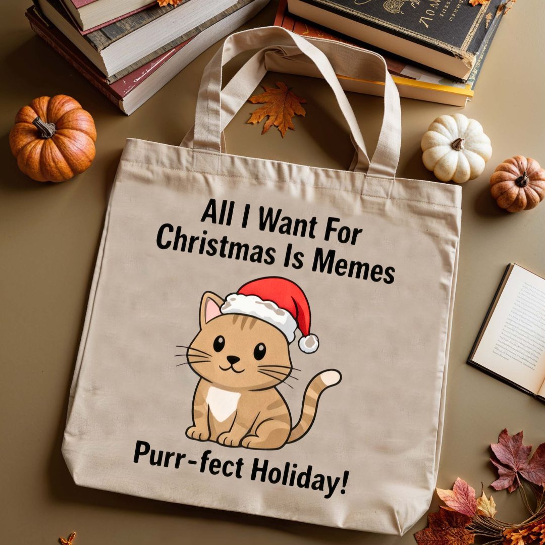 Purrfect Holiday Tote Bag with festive cats and holiday pun design