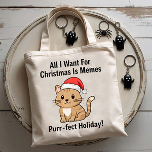 Purrfect Holiday Tote Bag with festive cats and holiday pun design