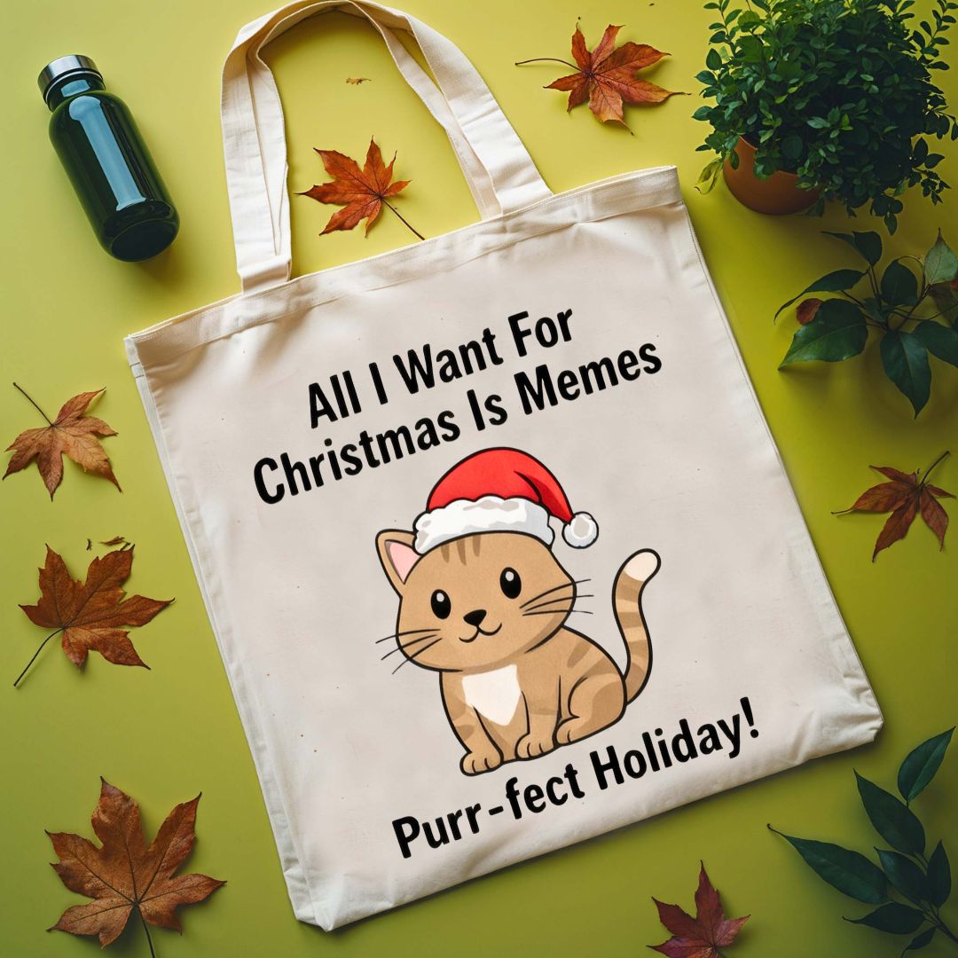 Purrfect Holiday Tote Bag with festive cats and holiday pun design