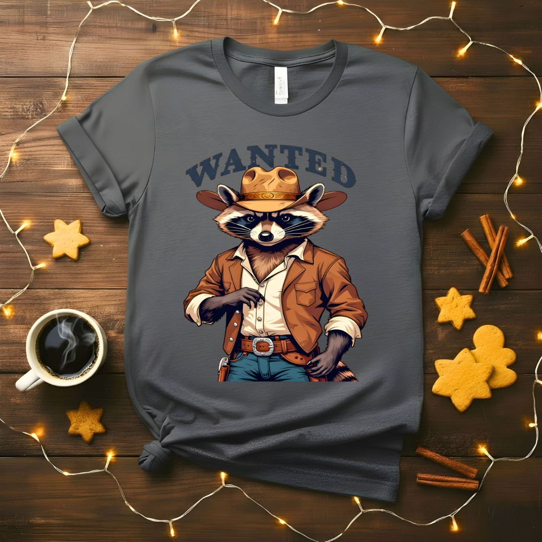 Raccoon Wanted Meme Funny T-Shirt with vintage wanted poster design