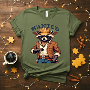 Raccoon Wanted Meme Funny T-Shirt with vintage wanted poster design