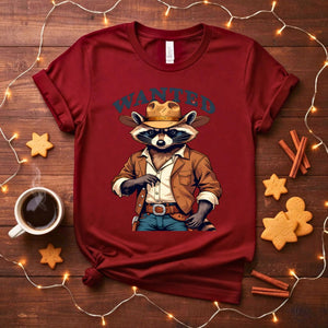 Raccoon Wanted Meme Funny T-Shirt with vintage wanted poster design