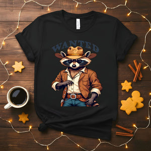 Raccoon Wanted Meme Funny T-Shirt with vintage wanted poster design