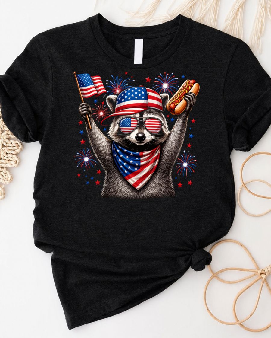 Raccoon 4th of July Tee wearing American flag sunglasses