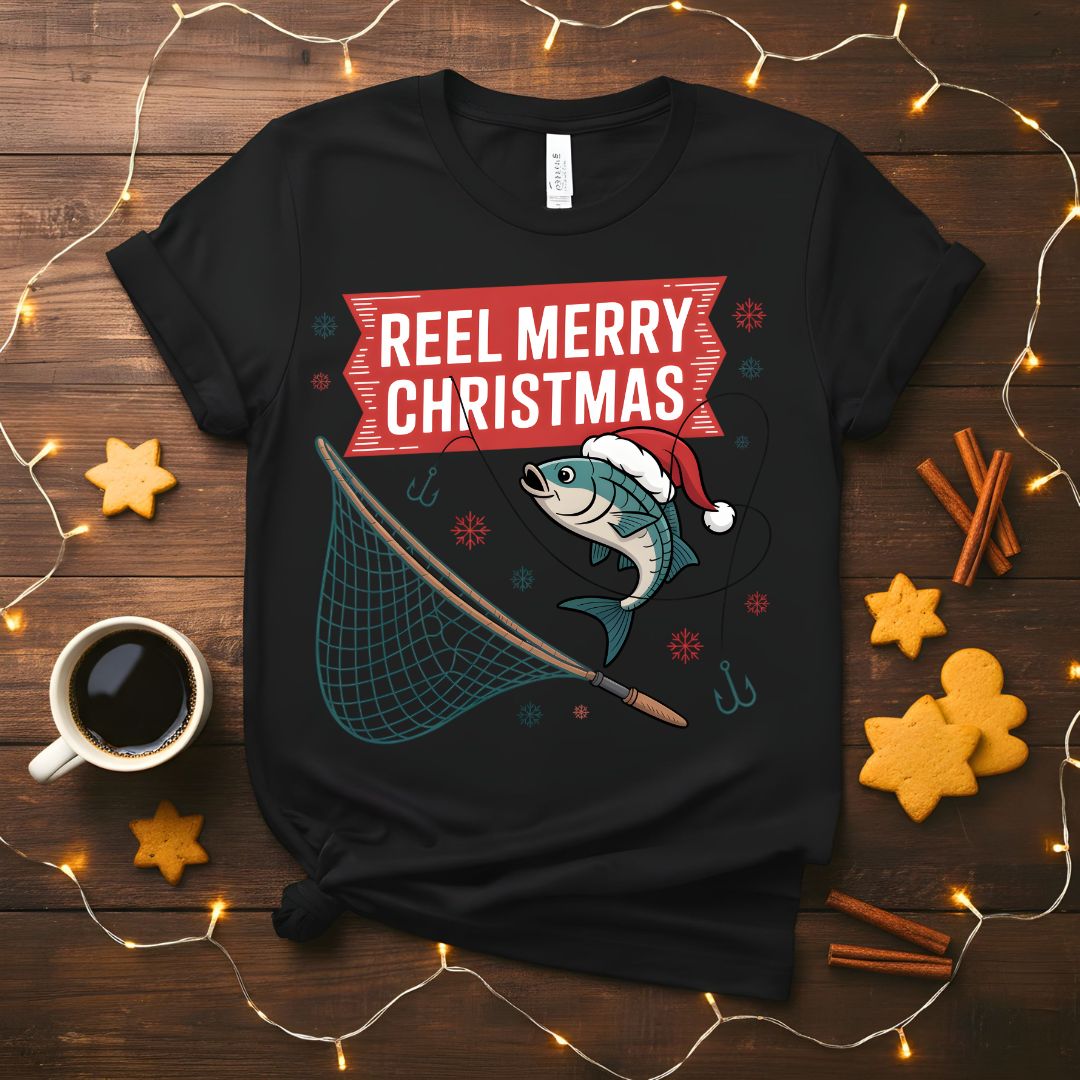 Reel Merry Christmas fishing pun holiday t-shirt