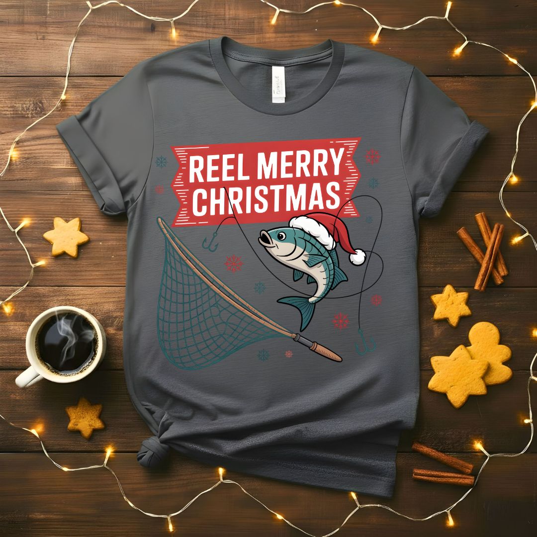 Reel Merry Christmas fishing pun holiday t-shirt