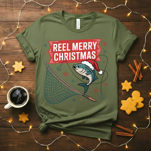 Reel Merry Christmas fishing pun holiday t-shirt