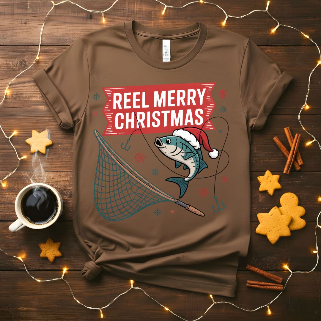 Reel Merry Christmas fishing pun holiday t-shirt