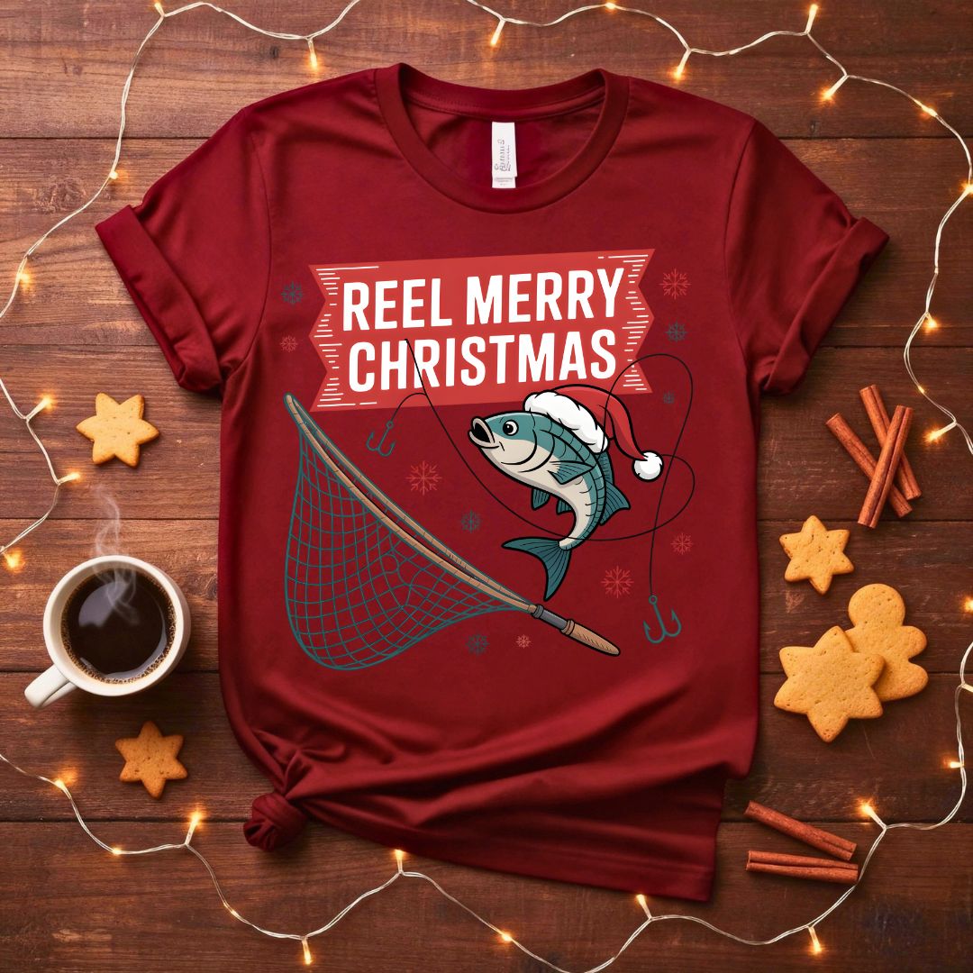 Reel Merry Christmas fishing pun holiday t-shirt