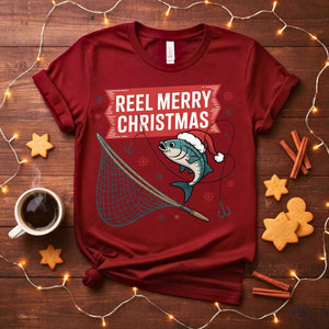 Reel Merry Christmas fishing pun holiday t-shirt