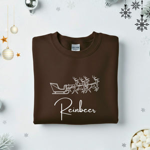 Reinbeer Typographical Embroidered Sweatshirt – funny holiday beer lover sweatshirt with minimalist embroidered text, soft unisex fleece pullover from Memez.Store, perfect for Christmas parties and craft beer enthusiasts.