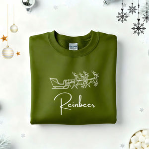 Reinbeer Typographical Embroidered Sweatshirt – funny holiday beer lover sweatshirt with minimalist embroidered text, soft unisex fleece pullover from Memez.Store, perfect for Christmas parties and craft beer enthusiasts.