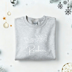 Reinbeer Typographical Embroidered Sweatshirt – funny holiday beer lover sweatshirt with minimalist embroidered text, soft unisex fleece pullover from Memez.Store, perfect for Christmas parties and craft beer enthusiasts.