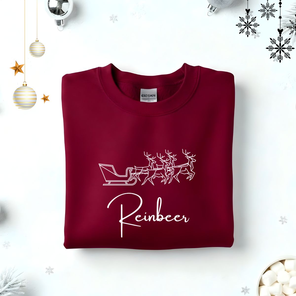 Reinbeer Typographical Embroidered Sweatshirt – funny holiday beer lover sweatshirt with minimalist embroidered text, soft unisex fleece pullover from Memez.Store, perfect for Christmas parties and craft beer enthusiasts.