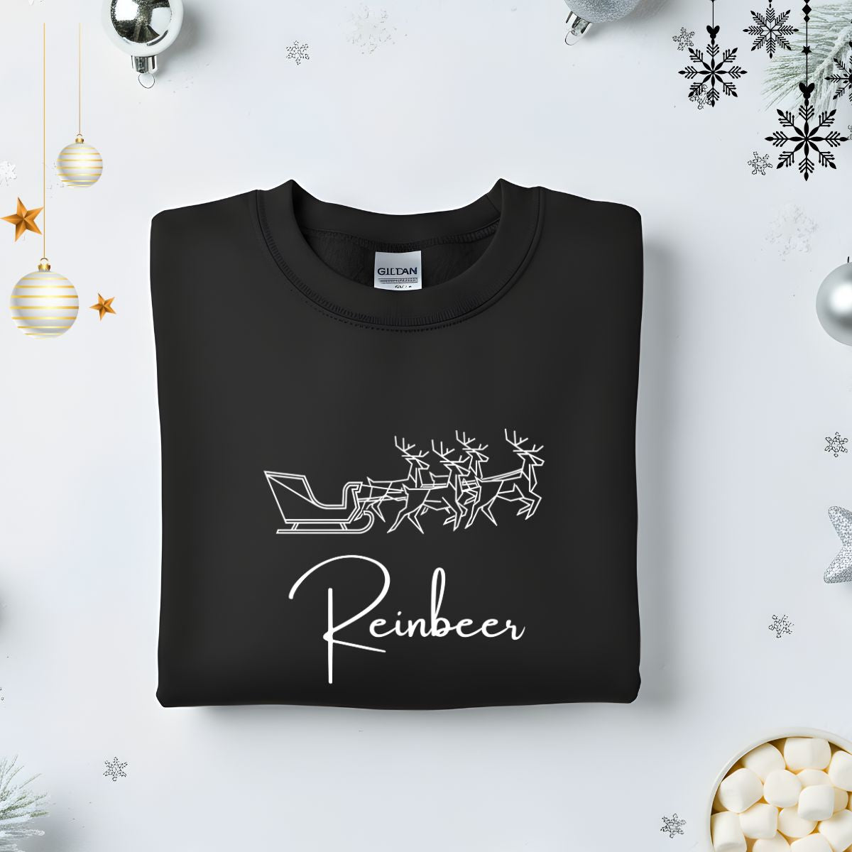 Reinbeer Typographical Embroidered Sweatshirt – funny holiday beer lover sweatshirt with minimalist embroidered text, soft unisex fleece pullover from Memez.Store, perfect for Christmas parties and craft beer enthusiasts.