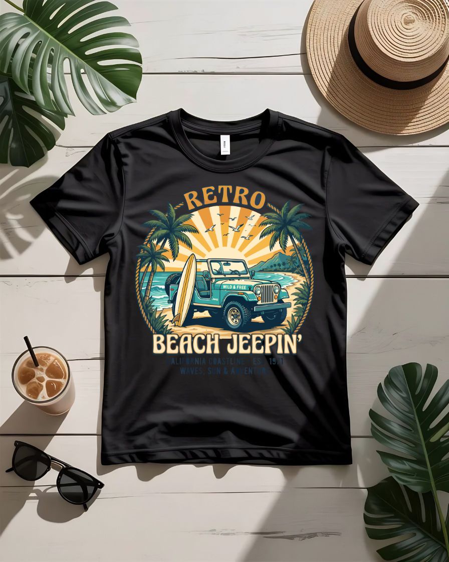 Retro beach jeepin tee vintage jeep surfboards coastal highway