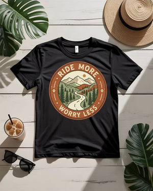 Ride more worry less tee motorcycle sunset highway graphic