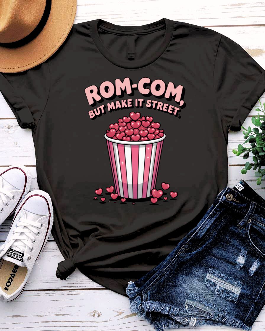 Rom-Com Valentine t-shirt with witty "In My Rom-Com Era" text and heart
