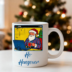 Santa Zoom Meeting Christmas Ceramic Mug – funny work-from-home meme mug featuring Santa in a virtual meeting, perfect holiday coffee cup by Memez.Store