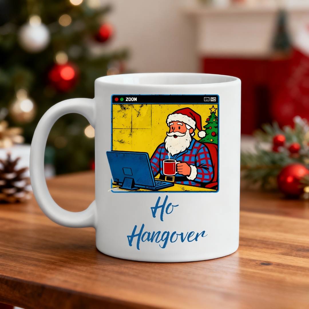Santa Zoom Meeting Christmas Ceramic Mug – funny work-from-home meme mug featuring Santa in a virtual meeting, perfect holiday coffee cup by Memez.Store