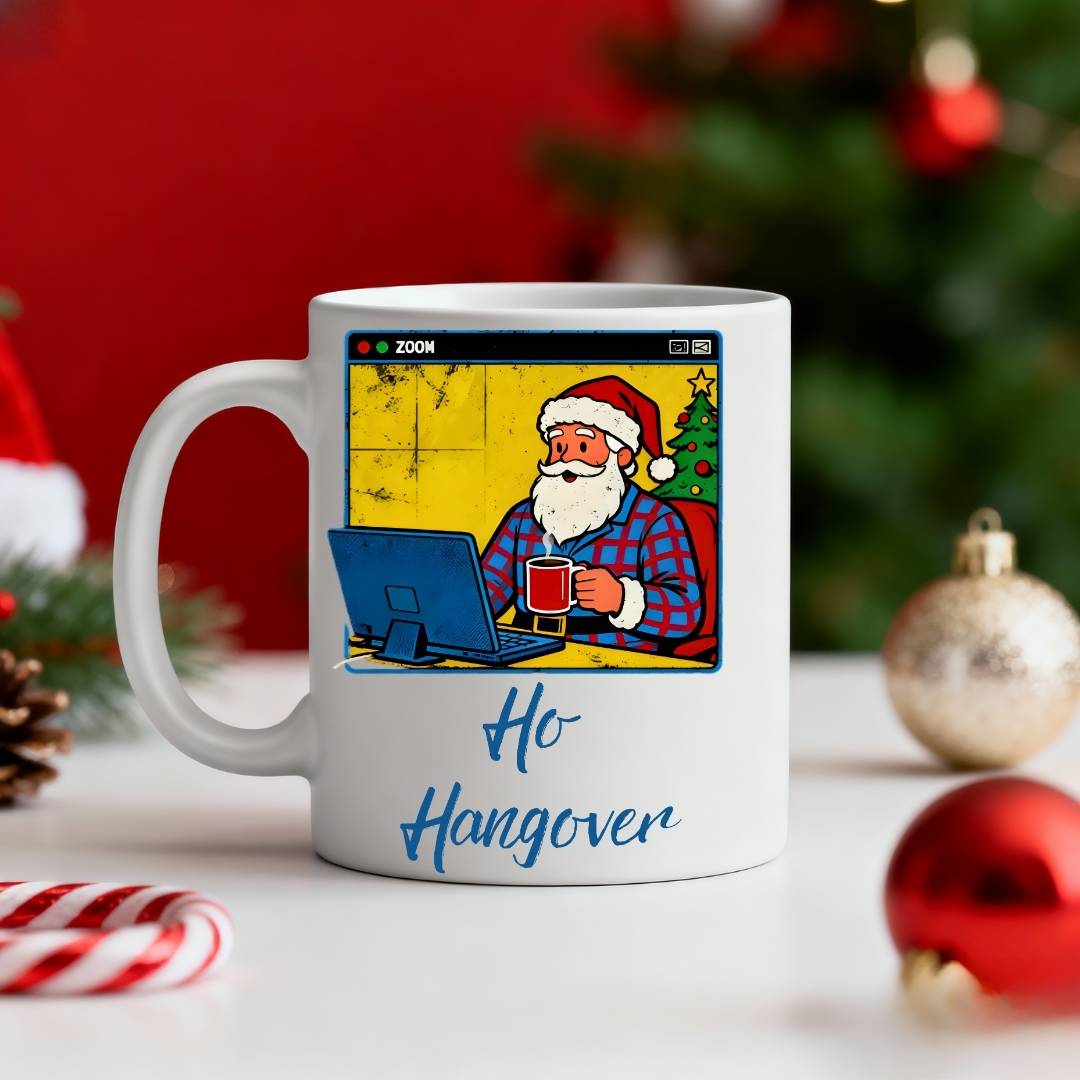 Santa Zoom Meeting Christmas Ceramic Mug – funny work-from-home meme mug featuring Santa in a virtual meeting, perfect holiday coffee cup by Memez.Store