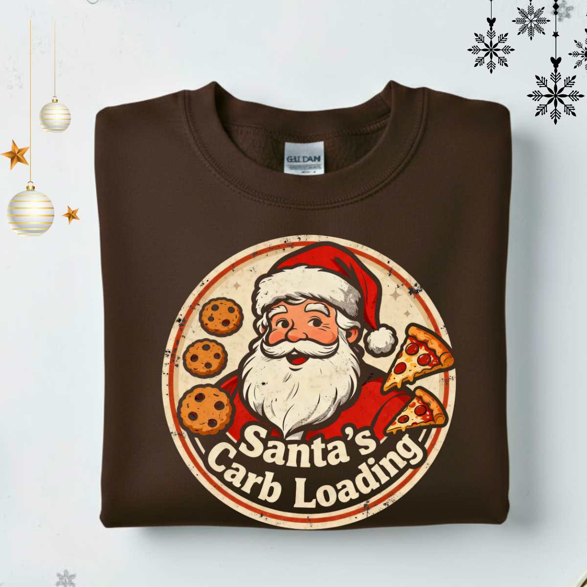 “Santa Carb Loading Retro Christmas Sweatshirt – funny gym and foodie meme retro holiday sweatshirt by Memez.Store.”