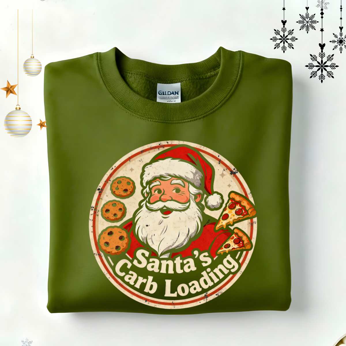 “Santa Carb Loading Retro Christmas Sweatshirt – funny gym and foodie meme retro holiday sweatshirt by Memez.Store.”