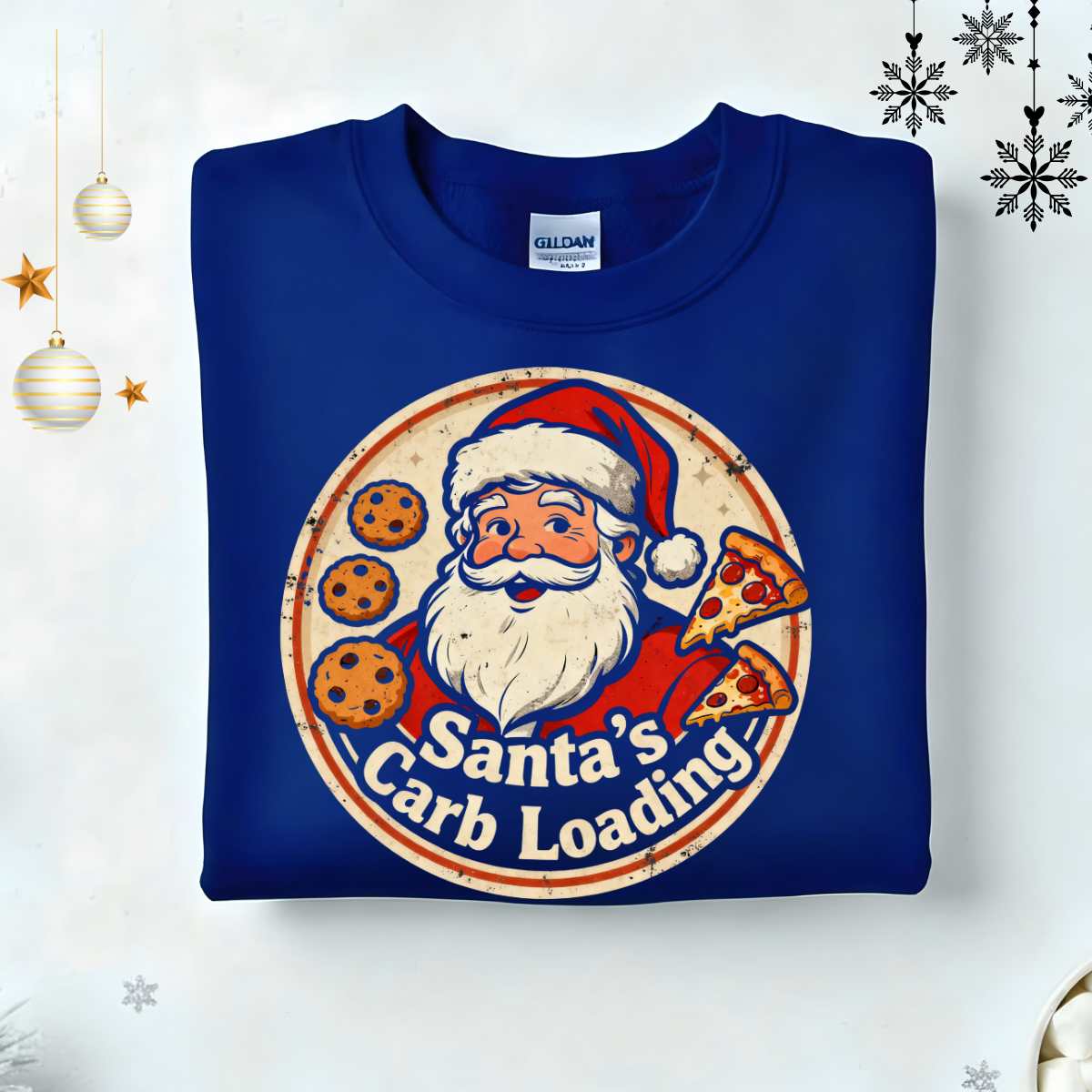 “Santa Carb Loading Retro Christmas Sweatshirt – funny gym and foodie meme retro holiday sweatshirt by Memez.Store.”