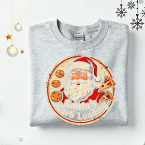 “Santa Carb Loading Retro Christmas Sweatshirt – funny gym and foodie meme retro holiday sweatshirt by Memez.Store.”
