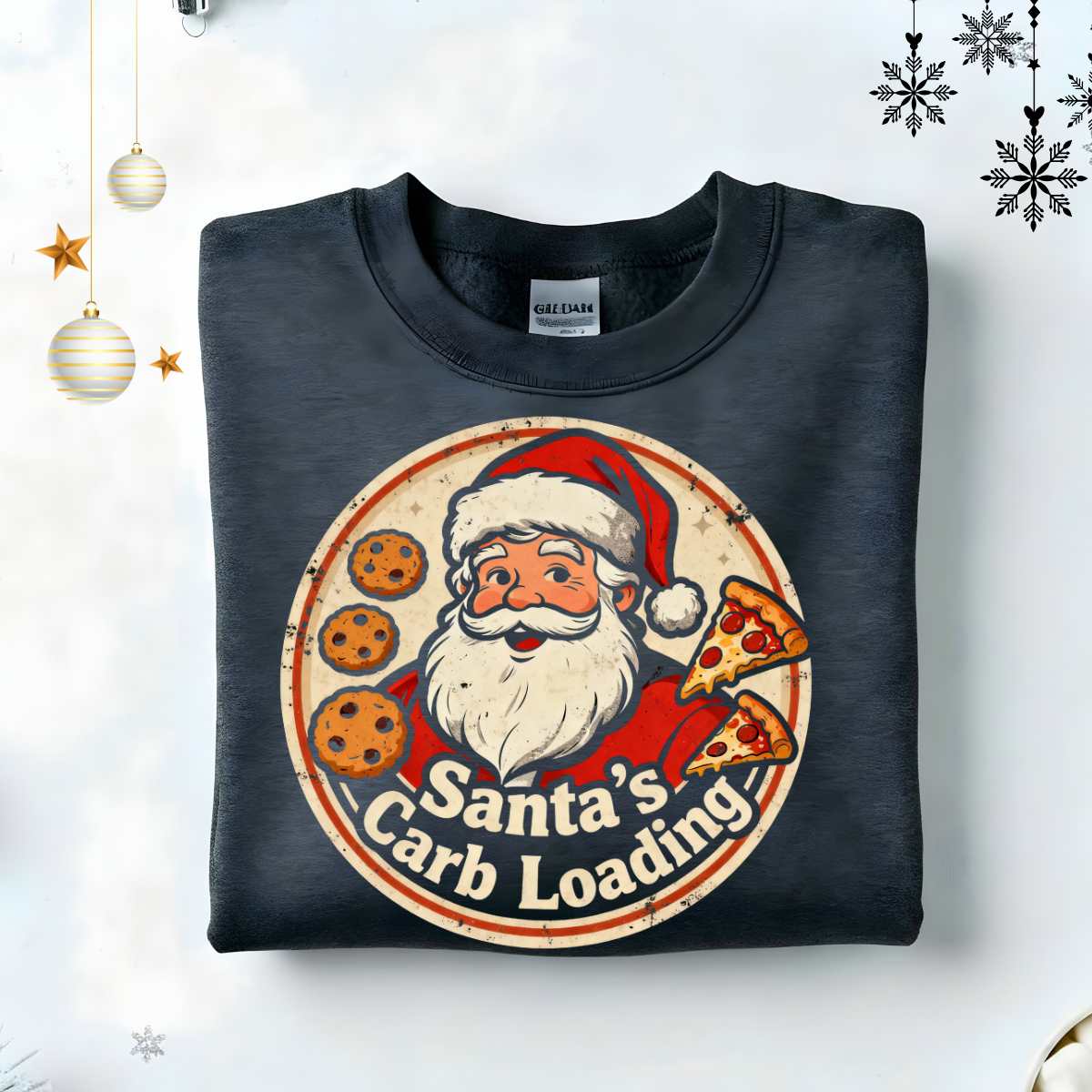 “Santa Carb Loading Retro Christmas Sweatshirt – funny gym and foodie meme retro holiday sweatshirt by Memez.Store.”
