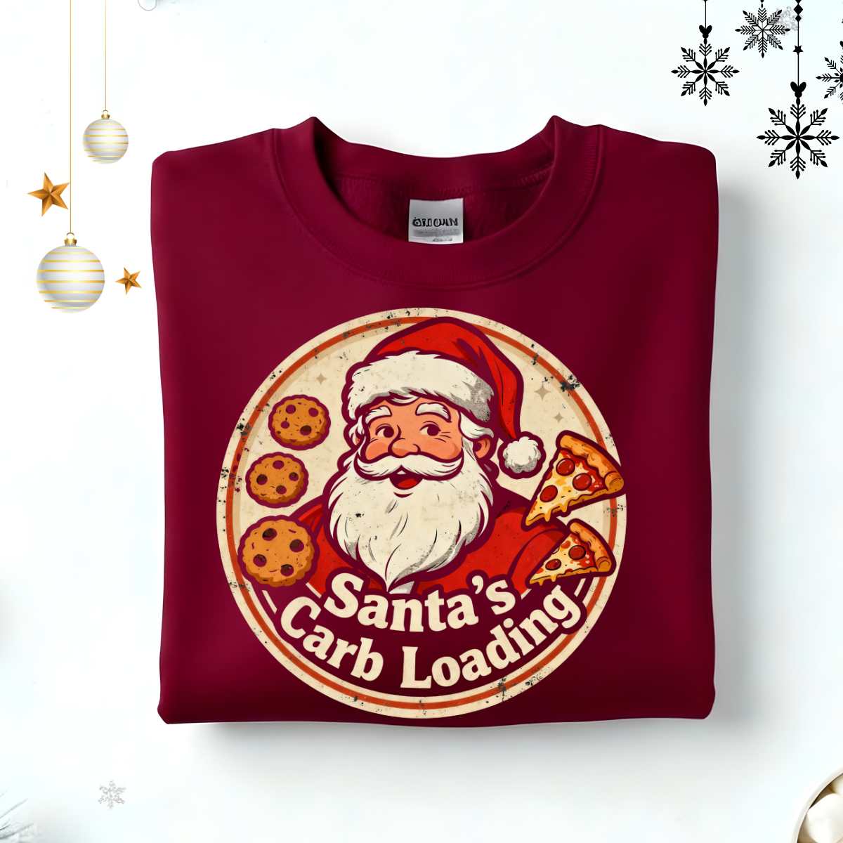 “Santa Carb Loading Retro Christmas Sweatshirt – funny gym and foodie meme retro holiday sweatshirt by Memez.Store.”
