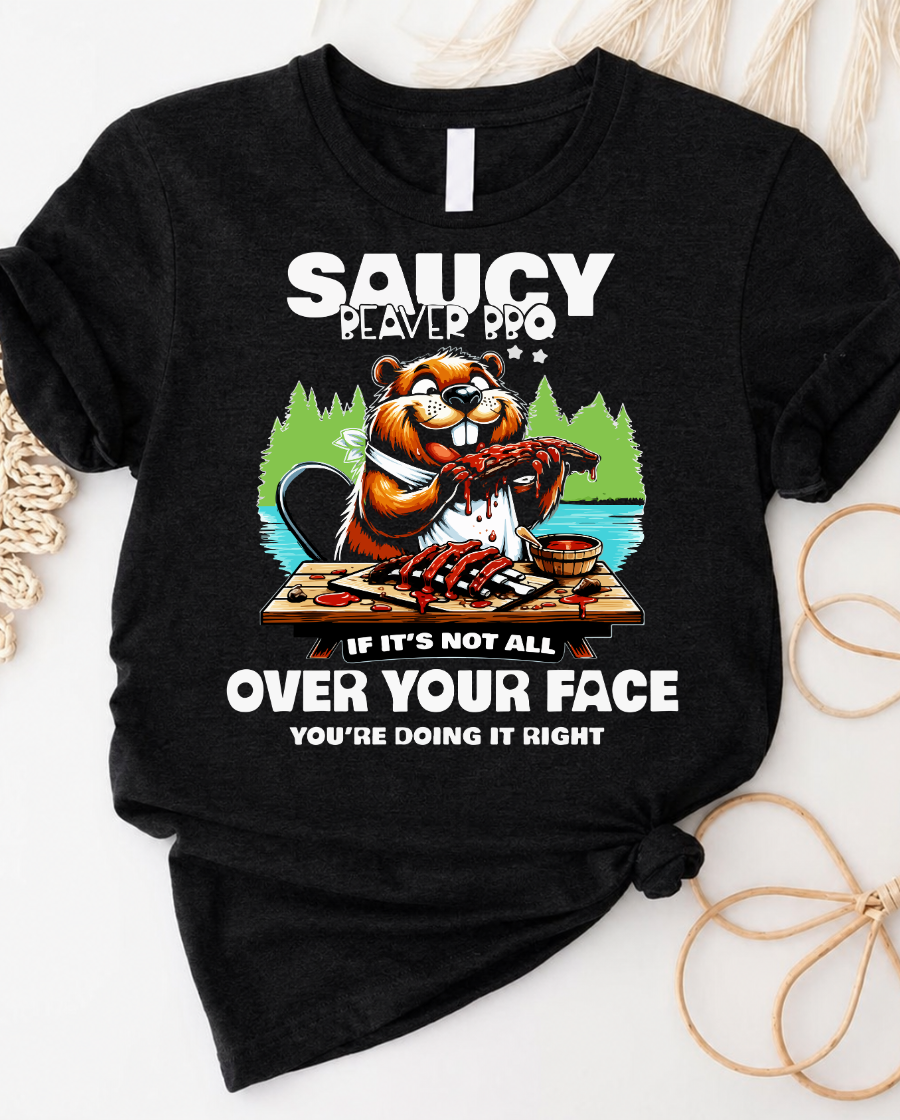 Saucy beaver bbq t-shirt with funny grill master beaver graphic