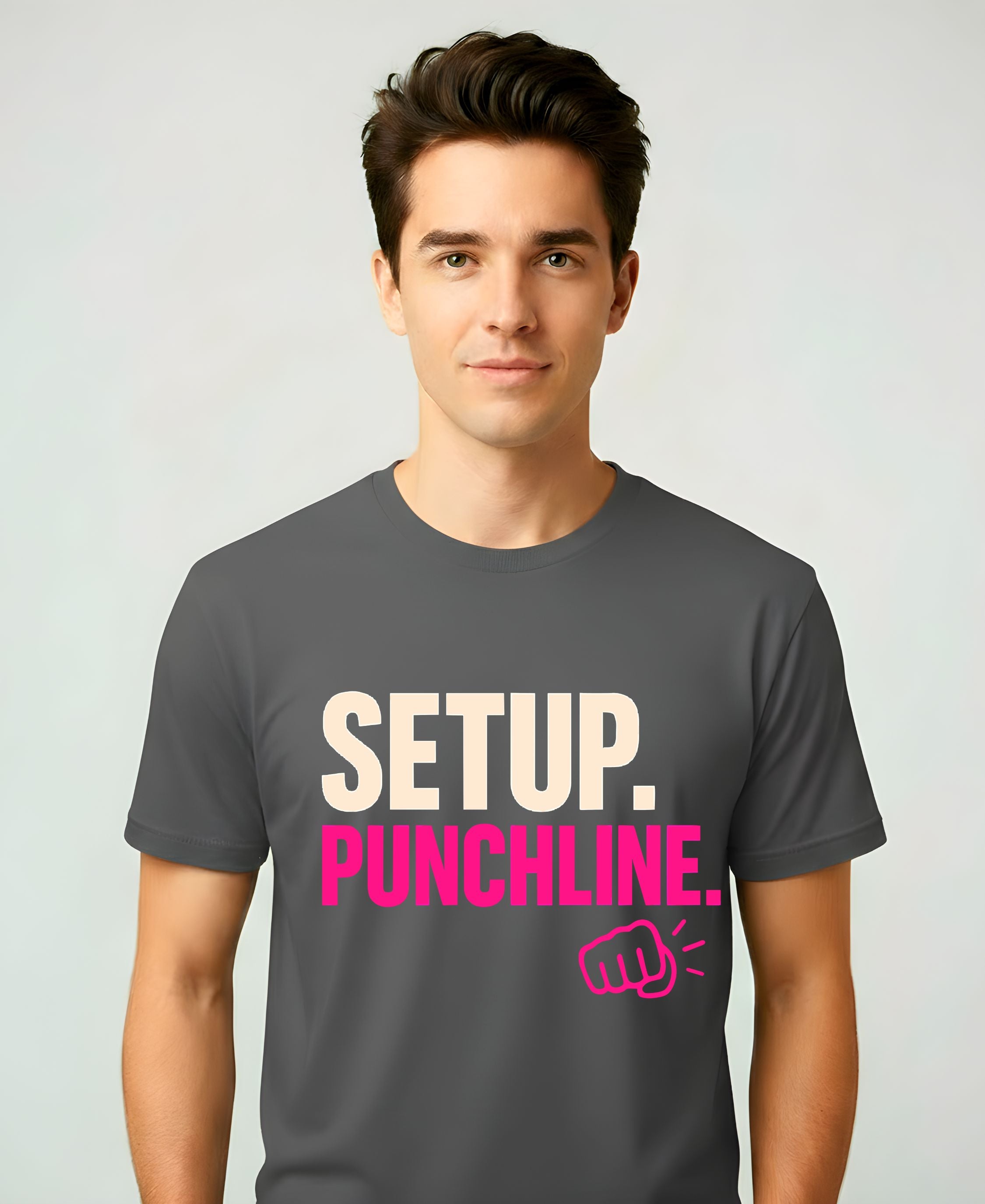 Setup Punchline Meme Funny Tee – Minimalist meme t-shirt with bold text design “Setup  Punchline”.