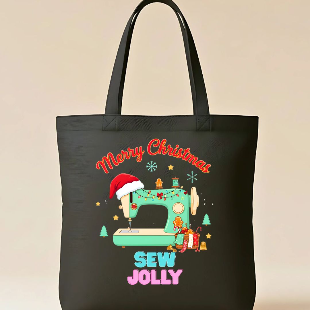 Sew Jolly Tote Bag with spool and holly design