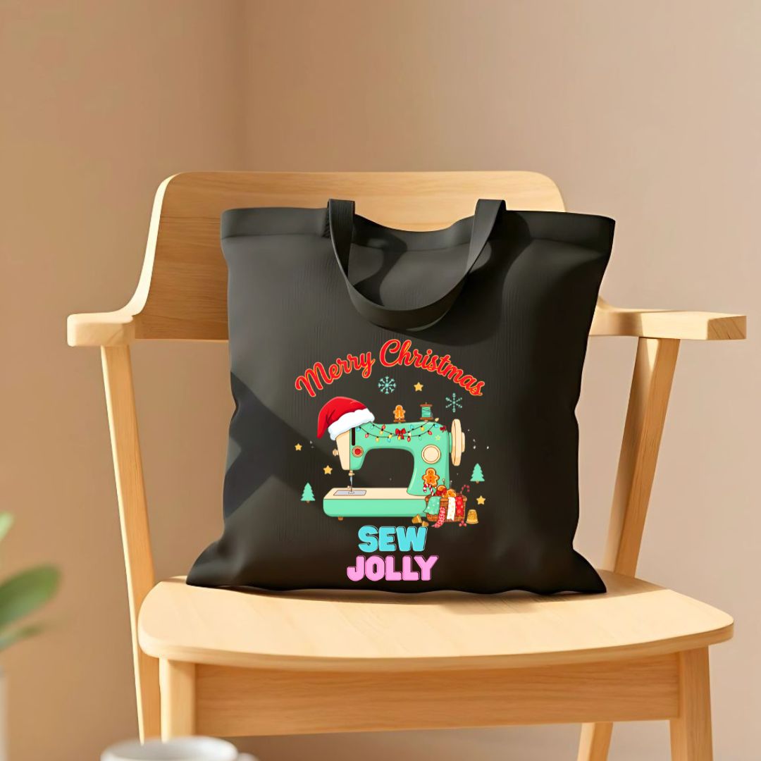 Sew Jolly Tote Bag with spool and holly design